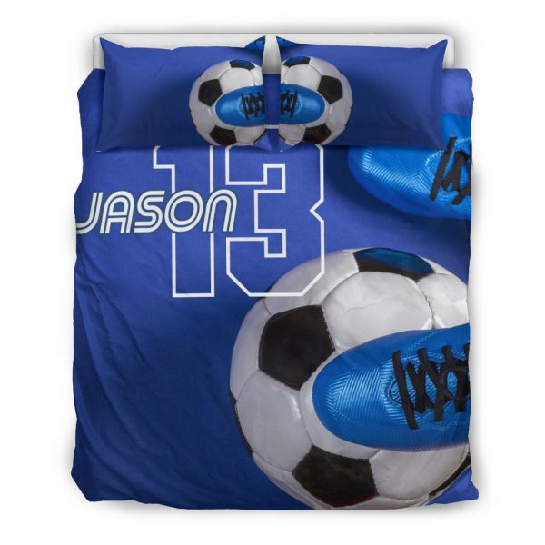 Personalized Soccer Duvet Cover Set, Soccer Ball Shoes Blue Player Gift Idea Duvet Cover & Pillowcases, Custom Name Number Bedding Set
