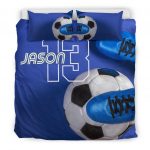 Personalized Soccer Duvet Cover Set, Soccer Ball Shoes Blue Player Gift Idea Duvet Cover & Pillowcases, Custom Name Number Bedding Set