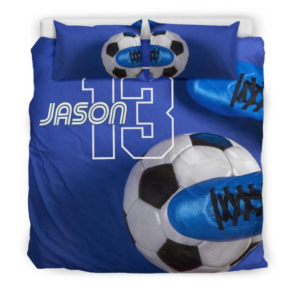 Personalized Soccer Duvet Cover Set, Soccer Ball Shoes Blue Player Gift Idea Duvet Cover & Pillowcases, Custom Name Number Bedding Set