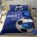 Personalized Soccer Duvet Cover Set, Soccer Ball Shoes Blue Player Gift Idea Duvet Cover & Pillowcases, Custom Name Number Bedding Set