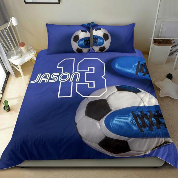 Personalized Soccer Duvet Cover Set, Soccer Ball Shoes Blue Player Gift Idea Duvet Cover & Pillowcases, Custom Name Number Bedding Set
