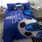 Personalized Soccer Duvet Cover Set, Soccer Ball Shoes Blue Player Gift Idea Duvet Cover & Pillowcases, Custom Name Number Bedding Set