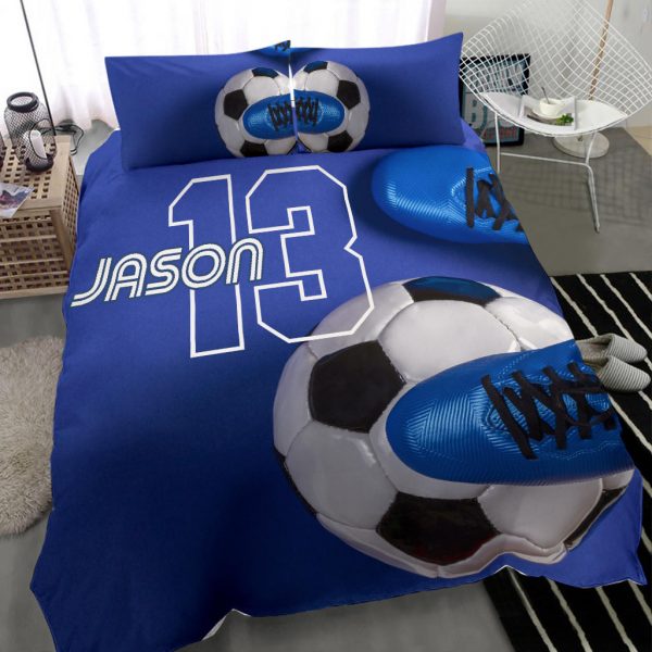 Personalized Soccer Duvet Cover Set, Soccer Ball Shoes Blue Player Gift Idea Duvet Cover & Pillowcases, Custom Name Number Bedding Set