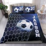 Personalized Soccer Duvet Cover Set, Soccer Ball In Net Blue Player Gift Idea Duvet Cover & Pillowcases, Custom Name Number Bedding Set