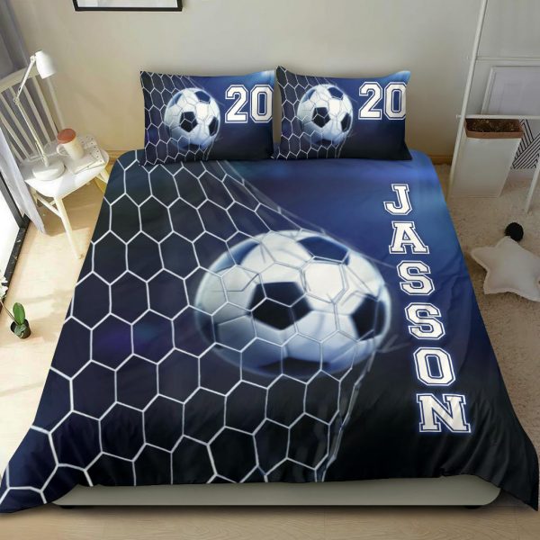 Personalized Soccer Duvet Cover Set, Soccer Ball In Net Blue Player Gift Idea Duvet Cover & Pillowcases, Custom Name Number Bedding Set