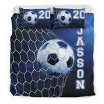 Personalized Soccer Duvet Cover Set, Soccer Ball In Net Blue Player Gift Idea Duvet Cover & Pillowcases, Custom Name Number Bedding Set