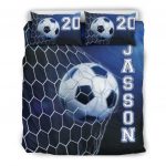 Personalized Soccer Duvet Cover Set, Soccer Ball In Net Blue Player Gift Idea Duvet Cover & Pillowcases, Custom Name Number Bedding Set