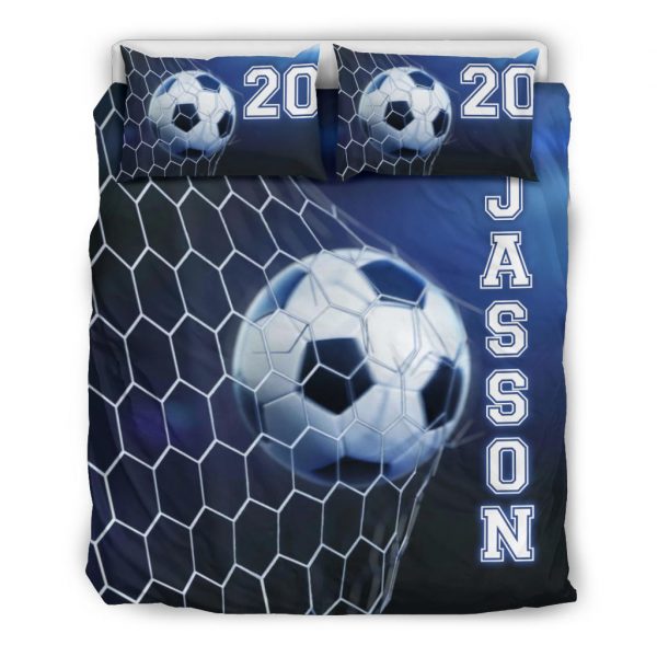 Personalized Soccer Duvet Cover Set, Soccer Ball In Net Blue Player Gift Idea Duvet Cover & Pillowcases, Custom Name Number Bedding Set