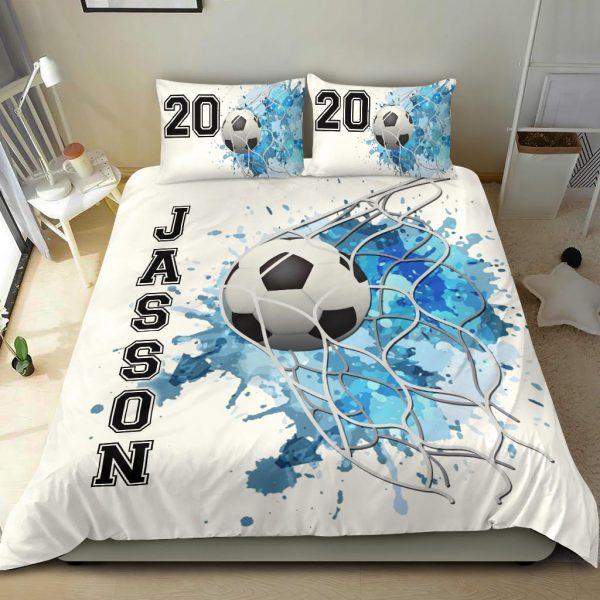 Personalized Soccer Duvet Cover Set, Soccer Ball Blue Goal Player Gift Idea White Duvet Cover & Pillowcases, Custom Name Number Bedding Set