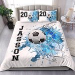 Personalized Soccer Duvet Cover Set, Soccer Ball Blue Goal Player Gift Idea White Duvet Cover & Pillowcases, Custom Name Number Bedding Set