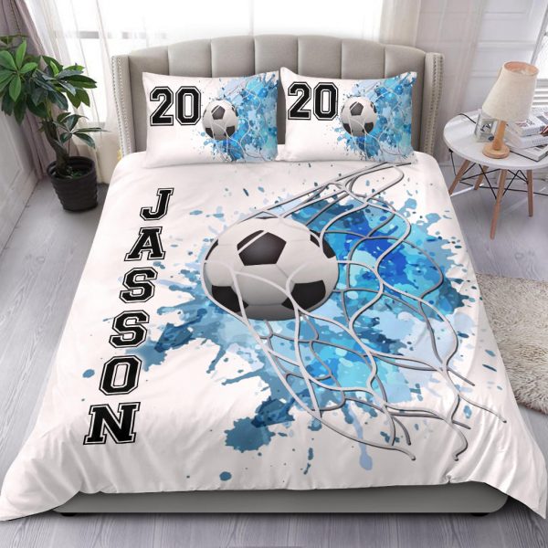 Personalized Soccer Duvet Cover Set, Soccer Ball Blue Goal Player Gift Idea White Duvet Cover & Pillowcases, Custom Name Number Bedding Set