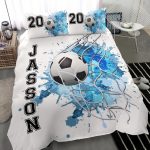 Personalized Soccer Duvet Cover Set, Soccer Ball Blue Goal Player Gift Idea White Duvet Cover & Pillowcases, Custom Name Number Bedding Set