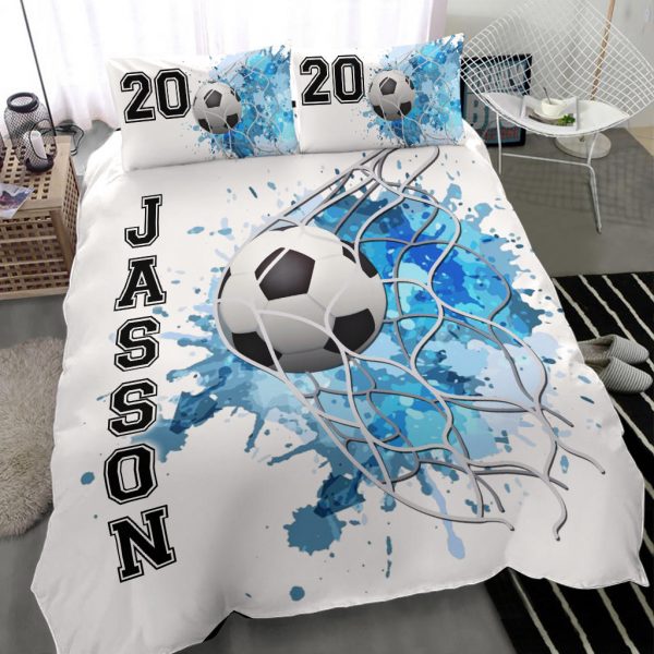 Personalized Soccer Duvet Cover Set, Soccer Ball Blue Goal Player Gift Idea White Duvet Cover & Pillowcases, Custom Name Number Bedding Set