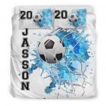 Personalized Soccer Duvet Cover Set, Soccer Ball Blue Goal Player Gift Idea White Duvet Cover & Pillowcases, Custom Name Number Bedding Set