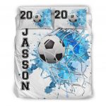 Personalized Soccer Duvet Cover Set, Soccer Ball Blue Goal Player Gift Idea White Duvet Cover & Pillowcases, Custom Name Number Bedding Set