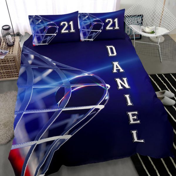 Personalized Hockey Duvet Cover Set, Hockey Moment Player Gift Idea Blue Duvet Cover & Pillowcases, Custom Name Number Bedding Set