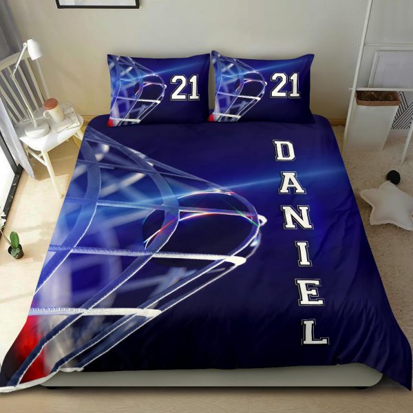 Personalized Hockey Duvet Cover Set, Hockey Moment Player Gift Idea Blue Duvet Cover & Pillowcases, Custom Name Number Bedding Set