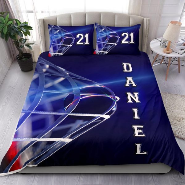 Personalized Hockey Duvet Cover Set, Hockey Moment Player Gift Idea Blue Duvet Cover & Pillowcases, Custom Name Number Bedding Set