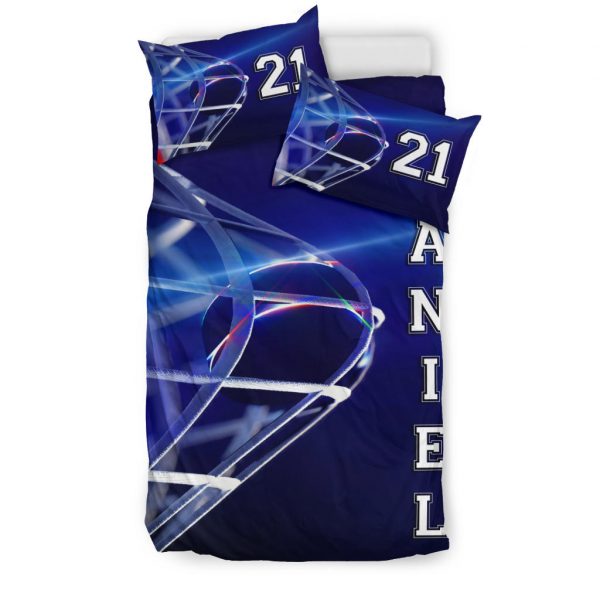 Personalized Hockey Duvet Cover Set, Hockey Moment Player Gift Idea Blue Duvet Cover & Pillowcases, Custom Name Number Bedding Set
