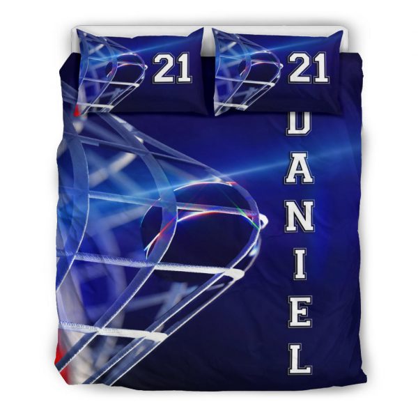 Personalized Hockey Duvet Cover Set, Hockey Moment Player Gift Idea Blue Duvet Cover & Pillowcases, Custom Name Number Bedding Set