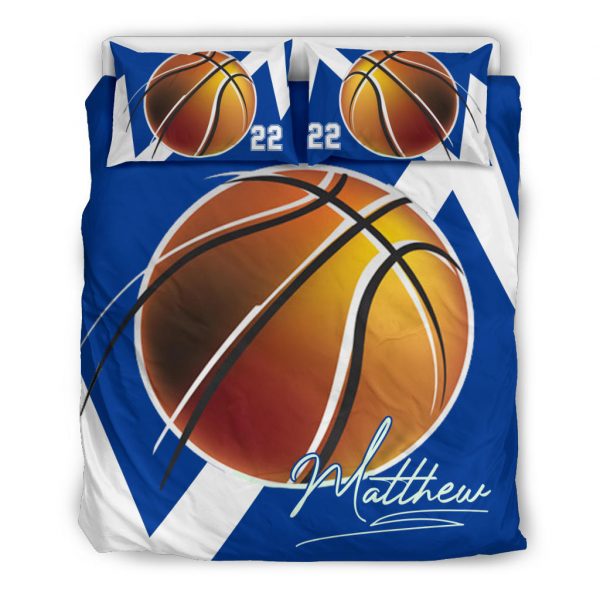 Personalized Basketball Duvet Cover Set, Basketball Blue Ball Player Gift Blue White Duvet Cover & Pillowcases, Custom Name Number Bedding Set