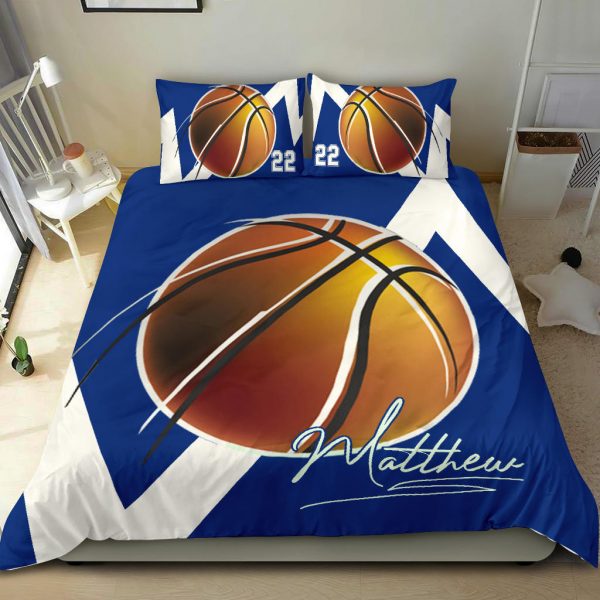 Personalized Basketball Duvet Cover Set, Basketball Blue Ball Player Gift Blue White Duvet Cover & Pillowcases, Custom Name Number Bedding Set