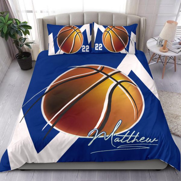 Personalized Basketball Duvet Cover Set, Basketball Blue Ball Player Gift Blue White Duvet Cover & Pillowcases, Custom Name Number Bedding Set