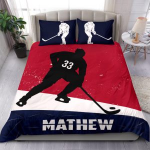 Personalized Hockey Duvet Cover Set, Hockey Boy Red Blue Player Gift Idea Duvet Cover & Pillowcases, Custom Name Number Bedding Set