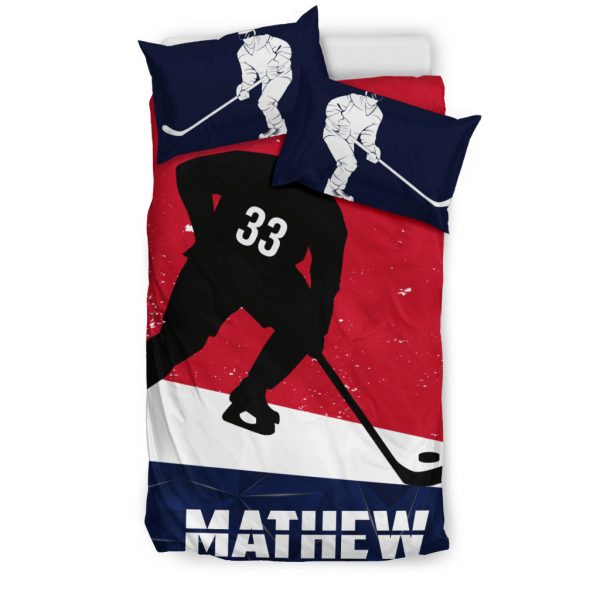 Personalized Hockey Duvet Cover Set, Hockey Boy Red Blue Player Gift Idea Duvet Cover & Pillowcases, Custom Name Number Bedding Set