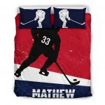 Personalized Hockey Duvet Cover Set, Hockey Boy Red Blue Player Gift Idea Duvet Cover & Pillowcases, Custom Name Number Bedding Set