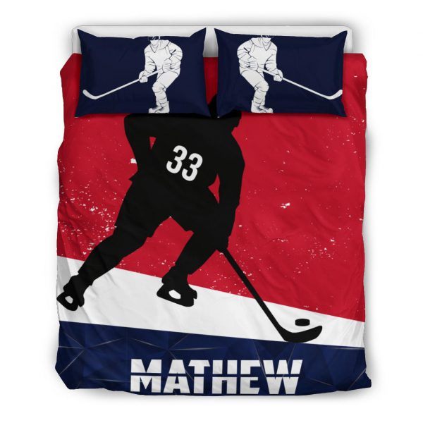 Personalized Hockey Duvet Cover Set, Hockey Boy Red Blue Player Gift Idea Duvet Cover & Pillowcases, Custom Name Number Bedding Set