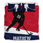 Personalized Hockey Duvet Cover Set, Hockey Boy Red Blue Player Gift Idea Duvet Cover & Pillowcases, Custom Name Number Bedding Set
