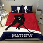 Personalized Hockey Duvet Cover Set, Hockey Boy Red Blue Player Gift Idea Duvet Cover & Pillowcases, Custom Name Number Bedding Set