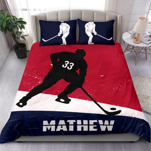 Personalized Hockey Duvet Cover Set, Hockey Boy Red Blue Player Gift Idea Duvet Cover & Pillowcases, Custom Name Number Bedding Set