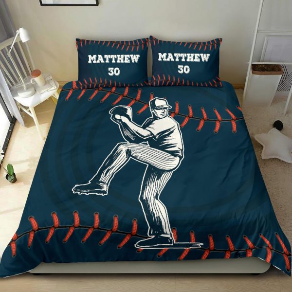 Personalized Baseball Duvet Cover Set, Baseball Pitcher Blue Player Gift Idea Duvet Cover & Pillowcases, Custom Name Number Bedding Set