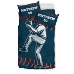 Personalized Baseball Duvet Cover Set, Baseball Pitcher Blue Player Gift Idea Duvet Cover & Pillowcases, Custom Name Number Bedding Set