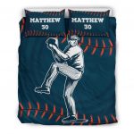Personalized Baseball Duvet Cover Set, Baseball Pitcher Blue Player Gift Idea Duvet Cover & Pillowcases, Custom Name Number Bedding Set
