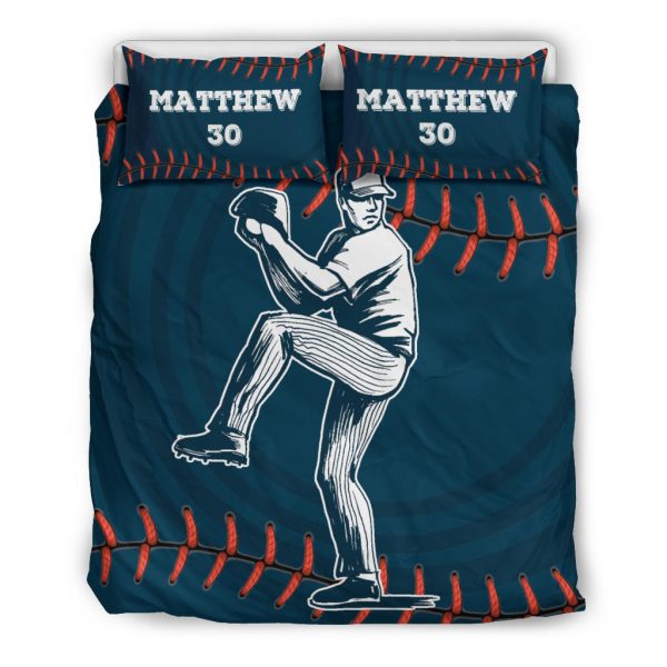 Personalized Baseball Duvet Cover Set, Baseball Pitcher Blue Player Gift Idea Duvet Cover & Pillowcases, Custom Name Number Bedding Set