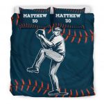 Personalized Baseball Duvet Cover Set, Baseball Pitcher Blue Player Gift Idea Duvet Cover & Pillowcases, Custom Name Number Bedding Set