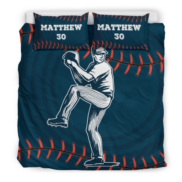 Personalized Baseball Duvet Cover Set, Baseball Pitcher Blue Player Gift Idea Duvet Cover & Pillowcases, Custom Name Number Bedding Set