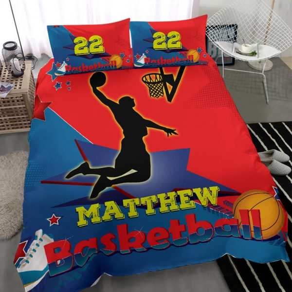 Personalized Basketball Duvet Cover Set, Basketball Boy Red Blue Player Gift Idea Duvet Cover & Pillowcases, Custom Name Number Bedding Set