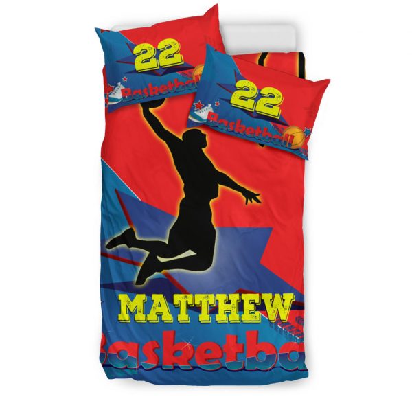 Personalized Basketball Duvet Cover Set, Basketball Boy Red Blue Player Gift Idea Duvet Cover & Pillowcases, Custom Name Number Bedding Set