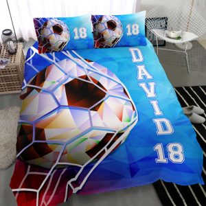 Personalized Soccer Duvet Cover Set, Soccer Blue Geometric Pattern Player Gift Duvet Cover & Pillowcases, Custom Name Number Bedding Set