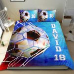 Personalized Soccer Duvet Cover Set, Soccer Blue Geometric Pattern Player Gift Duvet Cover & Pillowcases, Custom Name Number Bedding Set