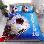 Personalized Soccer Duvet Cover Set, Soccer Blue Geometric Pattern Player Gift Duvet Cover & Pillowcases, Custom Name Number Bedding Set