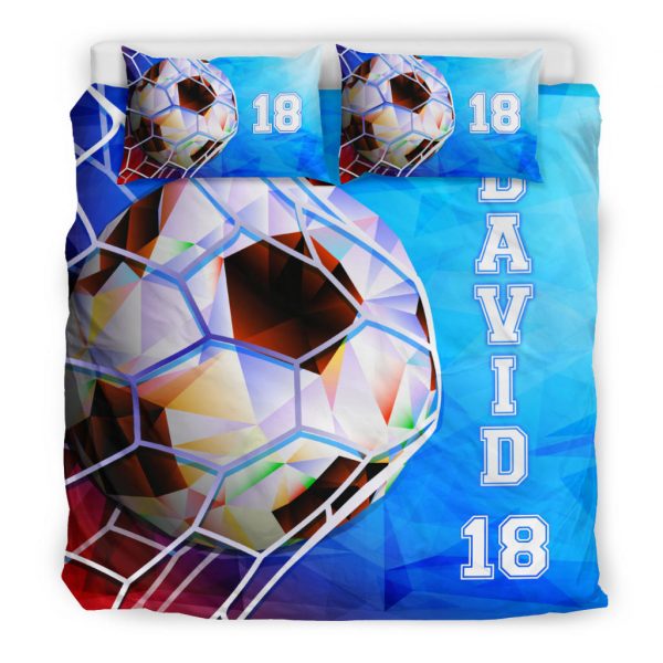 Personalized Soccer Duvet Cover Set, Soccer Blue Geometric Pattern Player Gift Duvet Cover & Pillowcases, Custom Name Number Bedding Set