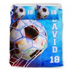 Personalized Soccer Duvet Cover Set, Soccer Blue Geometric Pattern Player Gift Duvet Cover & Pillowcases, Custom Name Number Bedding Set