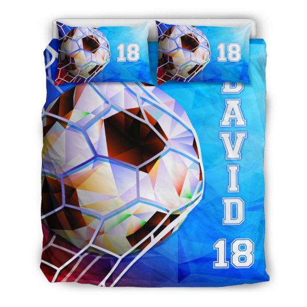 Personalized Soccer Duvet Cover Set, Soccer Blue Geometric Pattern Player Gift Duvet Cover & Pillowcases, Custom Name Number Bedding Set