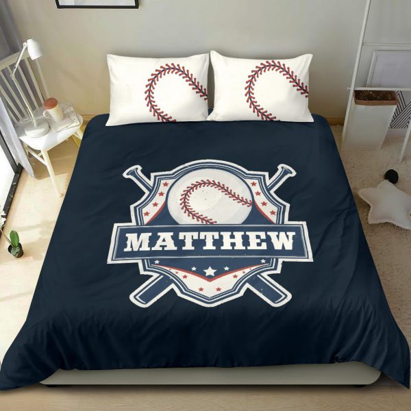 Personalized Baseball Duvet Cover Set, Baseball Player Unique Gift Idea Blue Duvet Cover & Pillowcases, Custom Name Number Bedding Set