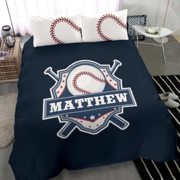 Personalized Baseball Duvet Cover Set, Baseball Player Unique Gift Idea Blue Duvet Cover & Pillowcases, Custom Name Number Bedding Set